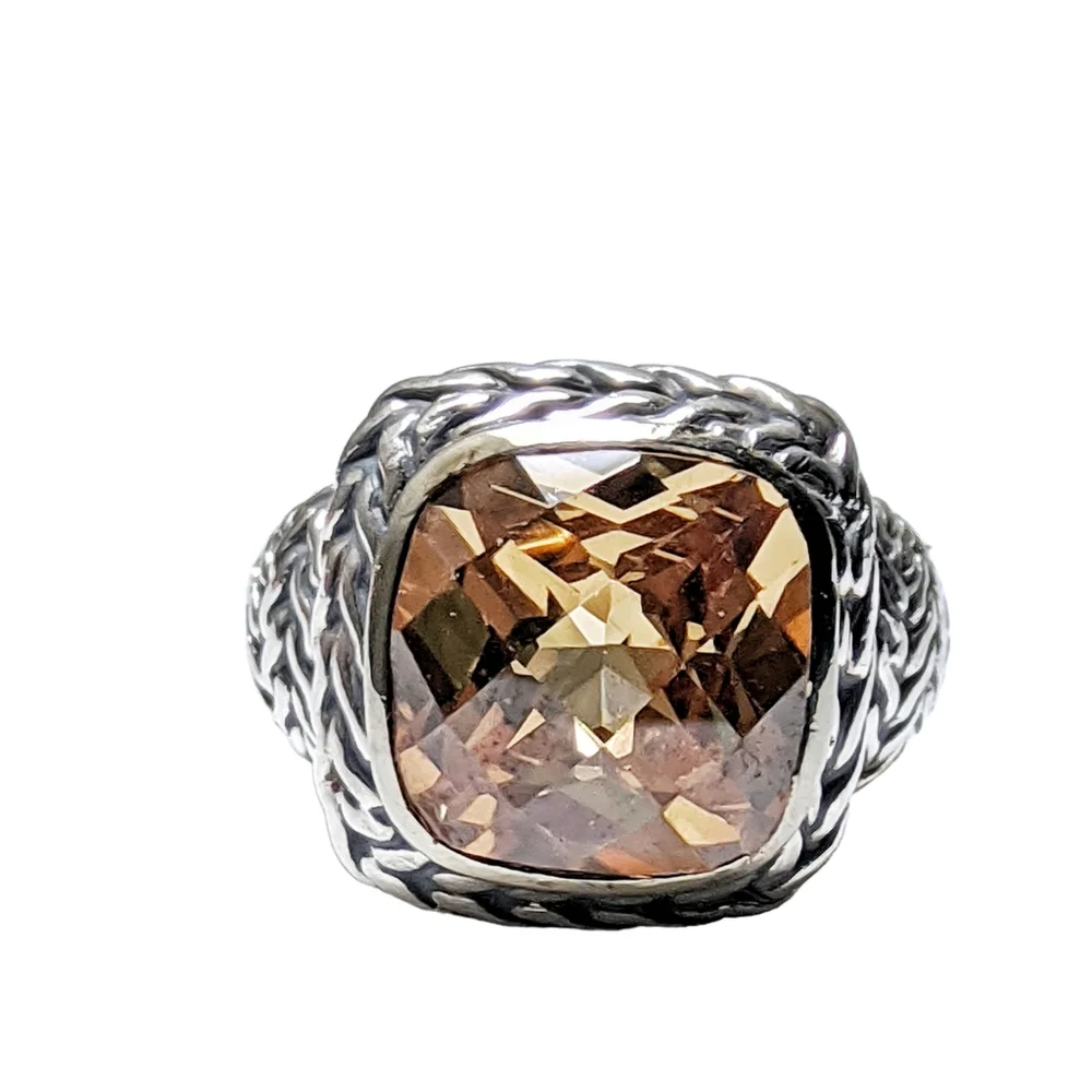 Large Citrine Embossed Design Sterling Silver Ring